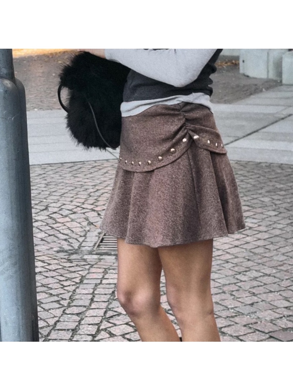 Zara NWT brown taupe studded fold over pull on mini skirt